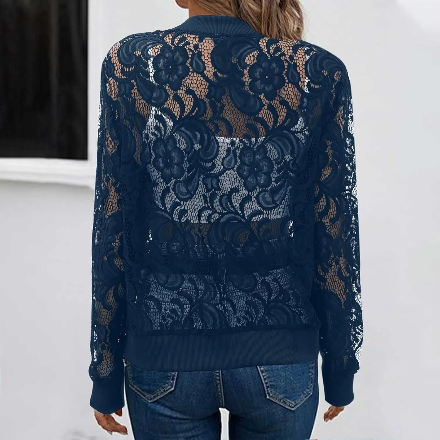 HGps8w Floral Lace Jackets for Women's Stand Collar Zip Up Mesh Sheer Baseball Jacket