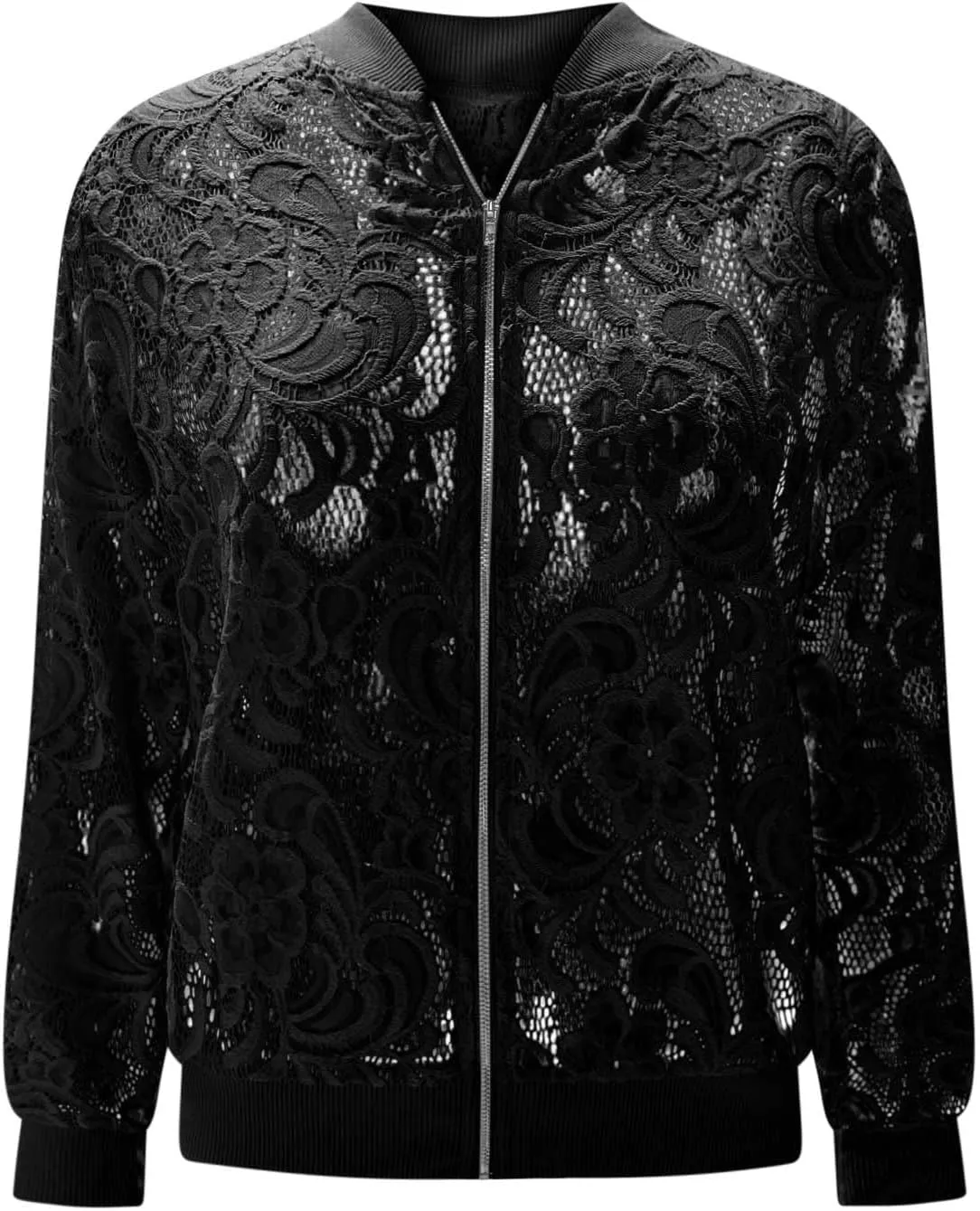 HGps8w Floral Lace Jackets for Women's Stand Collar Zip Up Mesh Sheer Baseball Jacket