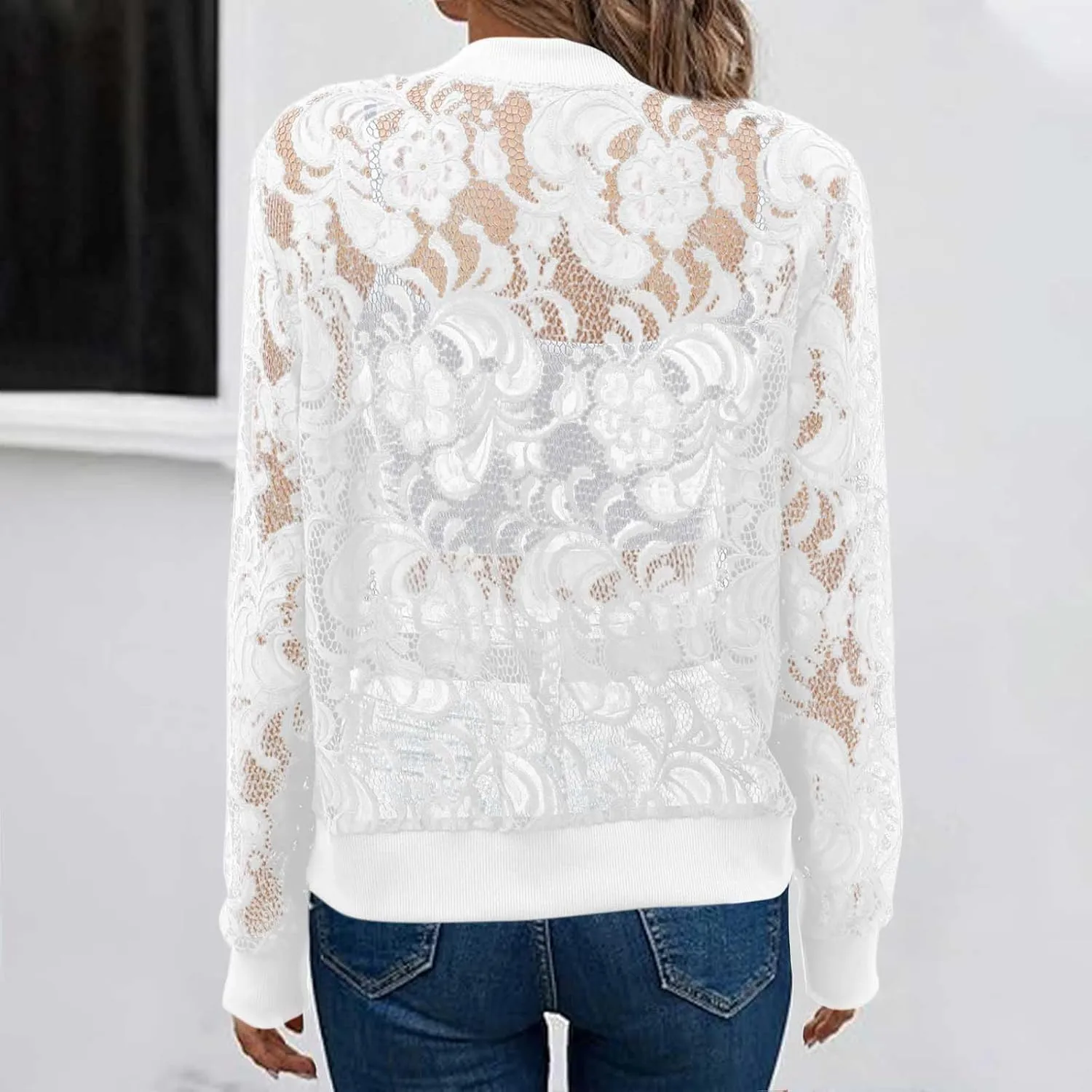 HGps8w Floral Lace Jackets for Women's Stand Collar Zip Up Mesh Sheer Baseball Jacket