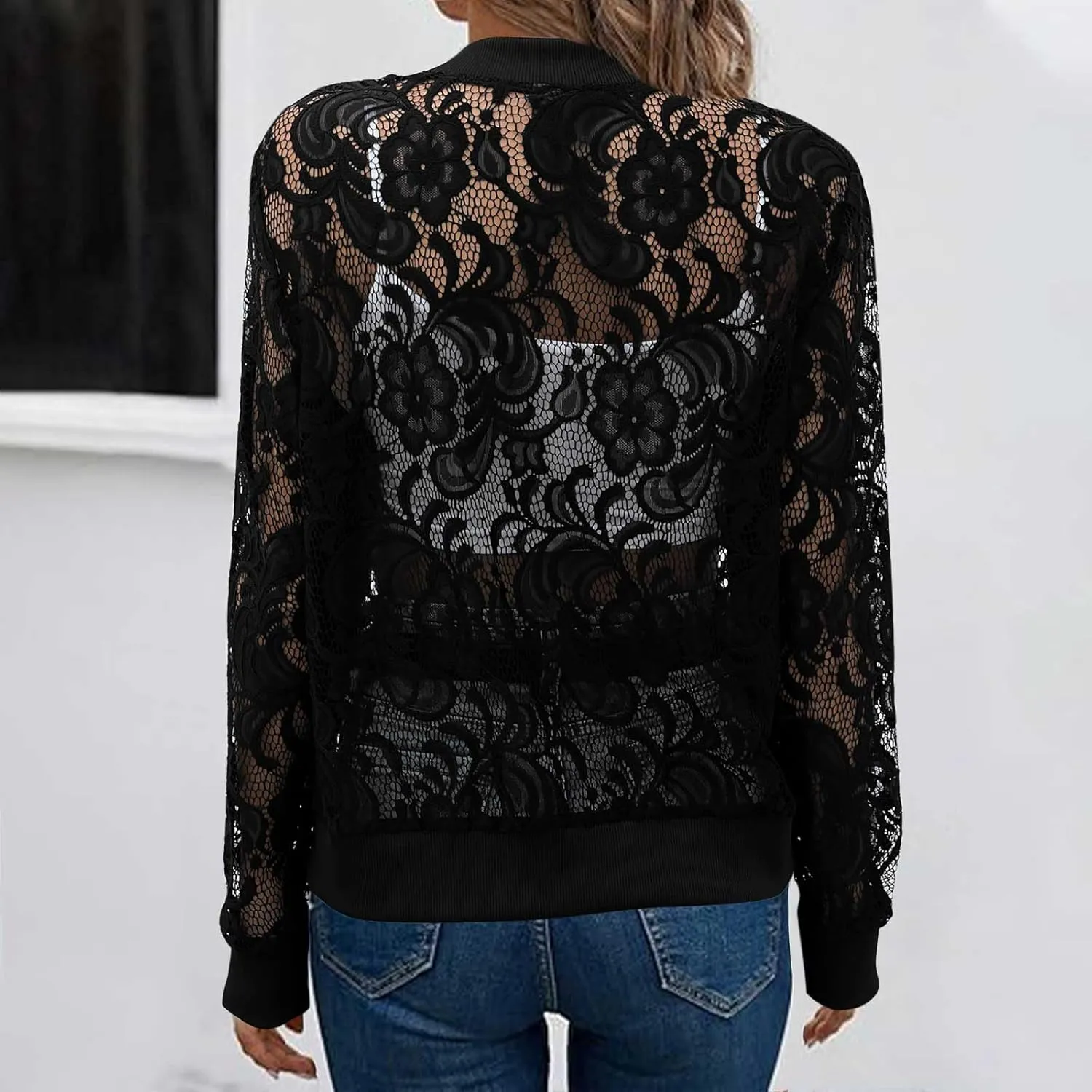 HGps8w Floral Lace Jackets for Women's Stand Collar Zip Up Mesh Sheer Baseball Jacket