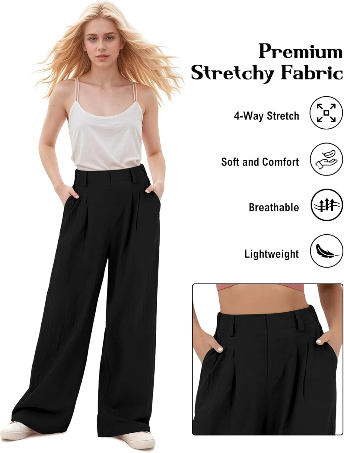 High Waisted Trousers for Women Casual Solid Color Wide Leg Pants, 2 Pockets Front Pleated Elastic Back Waistband