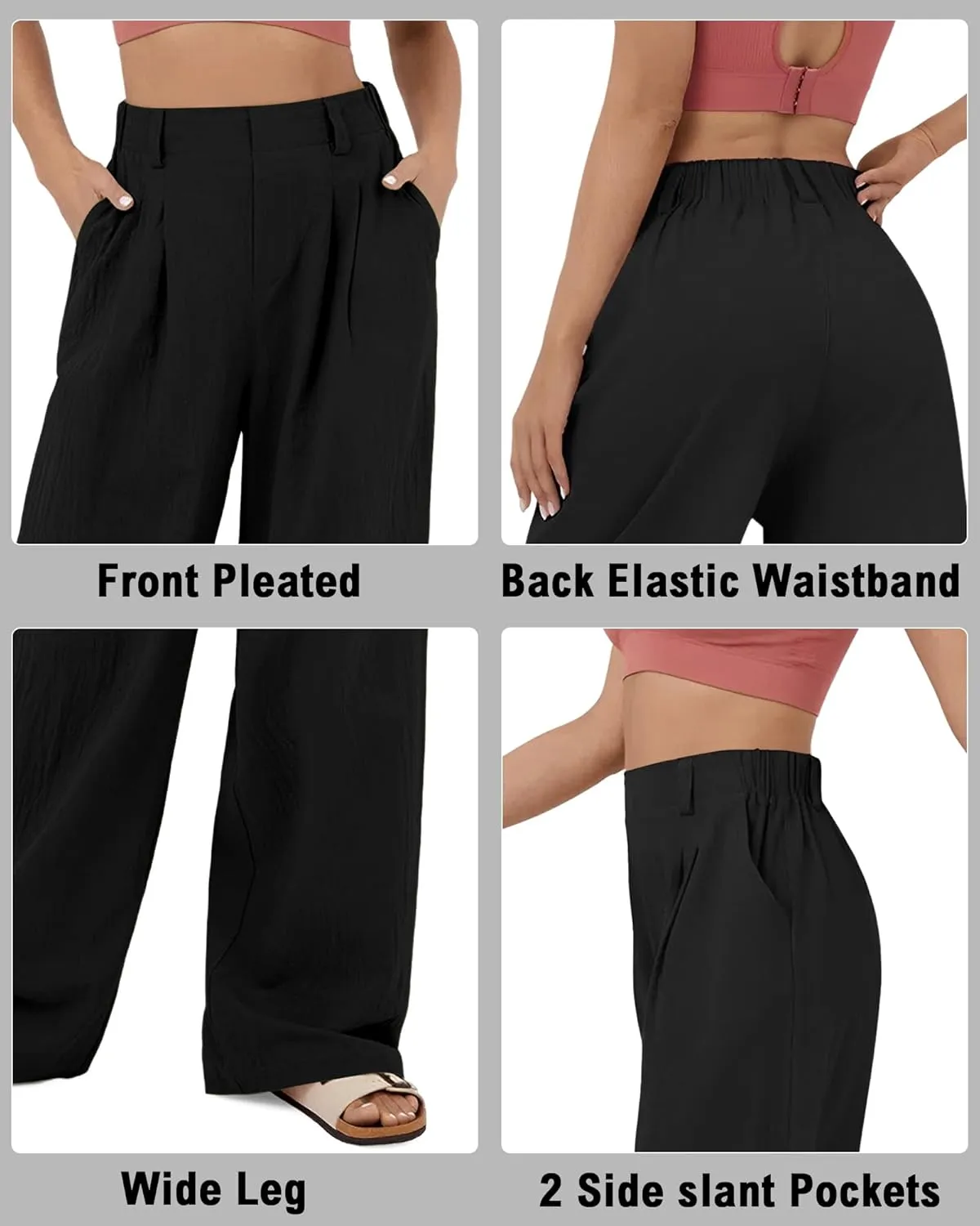High Waisted Trousers for Women Casual Solid Color Wide Leg Pants, 2 Pockets Front Pleated Elastic Back Waistband