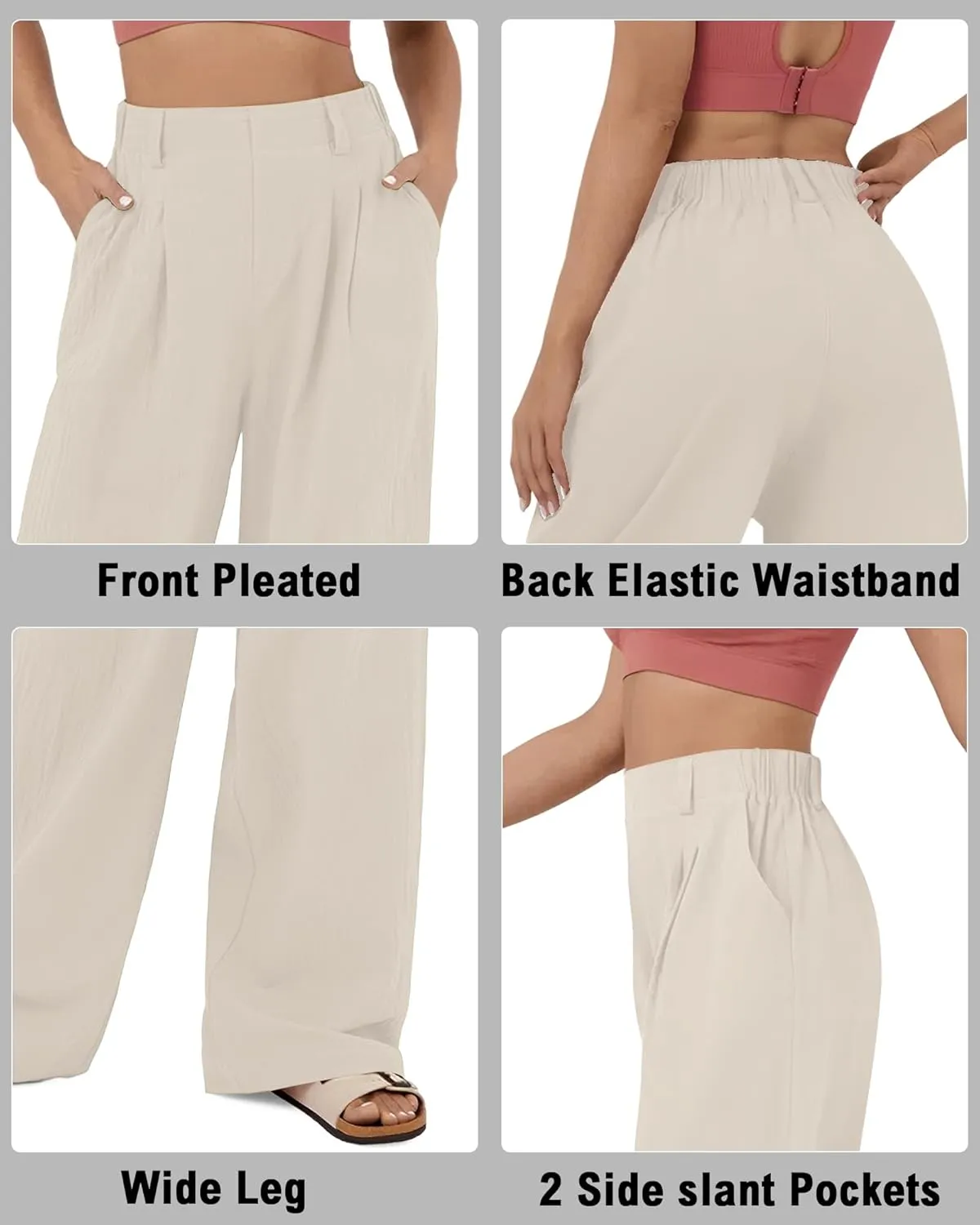 High Waisted Trousers for Women Casual Solid Color Wide Leg Pants, 2 Pockets Front Pleated Elastic Back Waistband