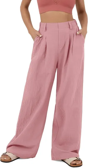 High Waisted Trousers for Women Casual Solid Color Wide Leg Pants, 2 Pockets Front Pleated Elastic Back Waistband