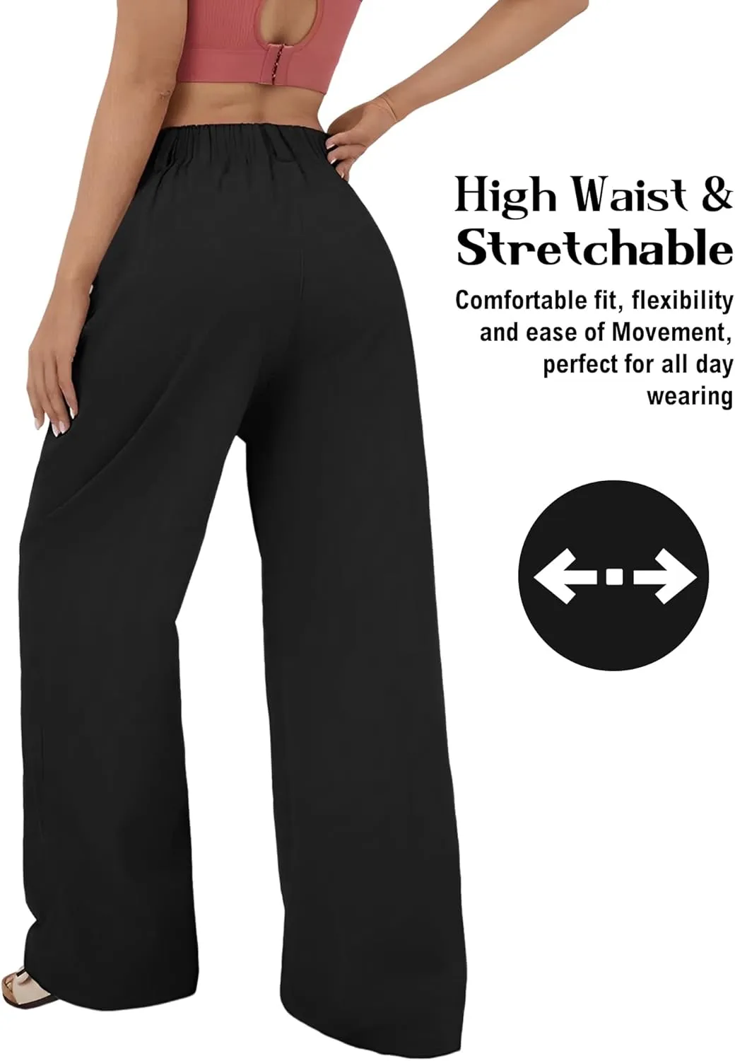 High Waisted Trousers for Women Casual Solid Color Wide Leg Pants, 2 Pockets Front Pleated Elastic Back Waistband