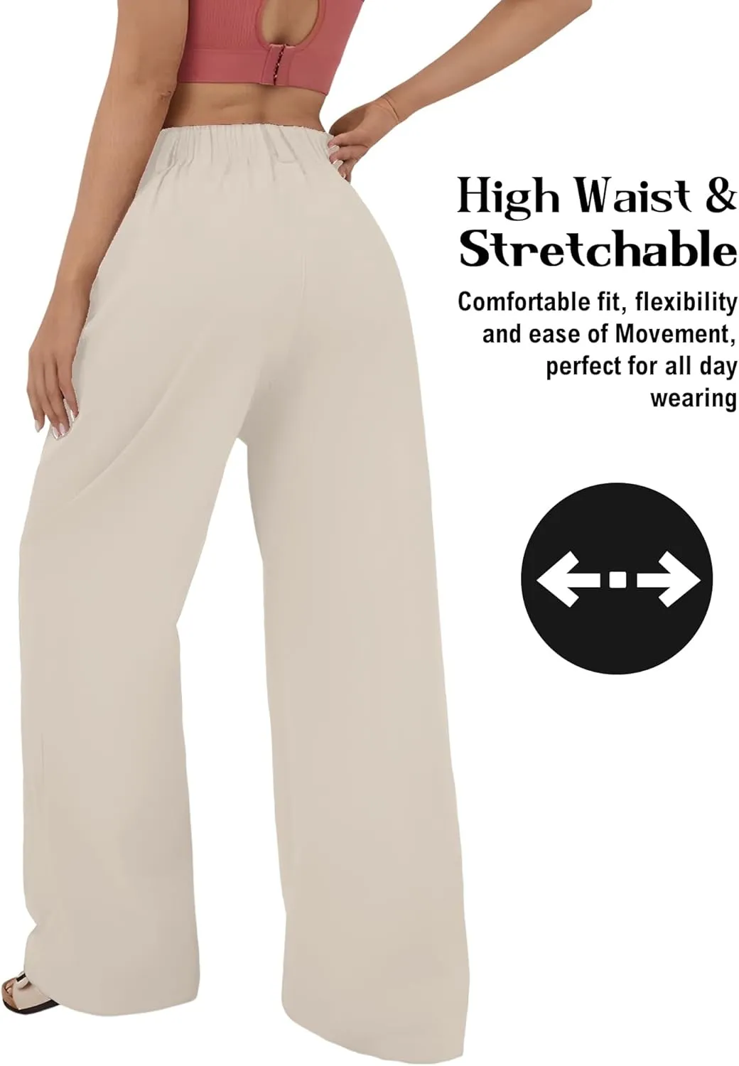 High Waisted Trousers for Women Casual Solid Color Wide Leg Pants, 2 Pockets Front Pleated Elastic Back Waistband