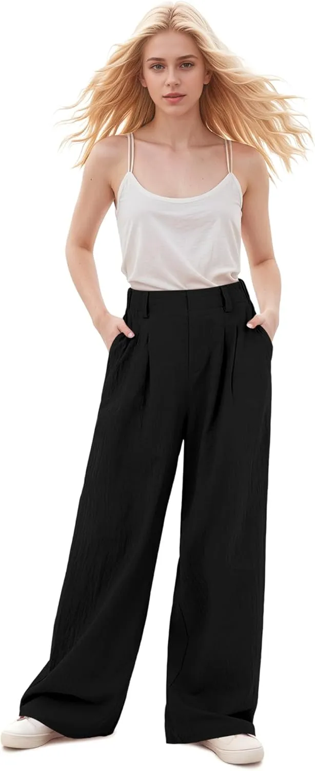 High Waisted Trousers for Women Casual Solid Color Wide Leg Pants, 2 Pockets Front Pleated Elastic Back Waistband