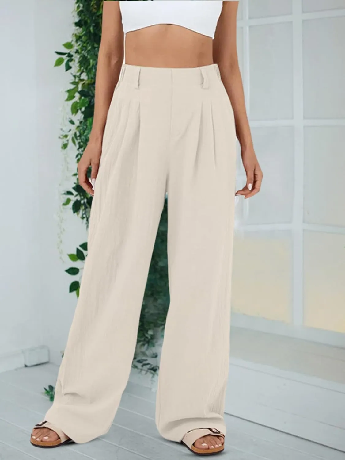 High Waisted Trousers for Women Casual Solid Color Wide Leg Pants, 2 Pockets Front Pleated Elastic Back Waistband