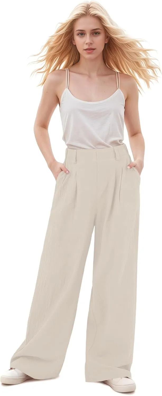High Waisted Trousers for Women Casual Solid Color Wide Leg Pants, 2 Pockets Front Pleated Elastic Back Waistband