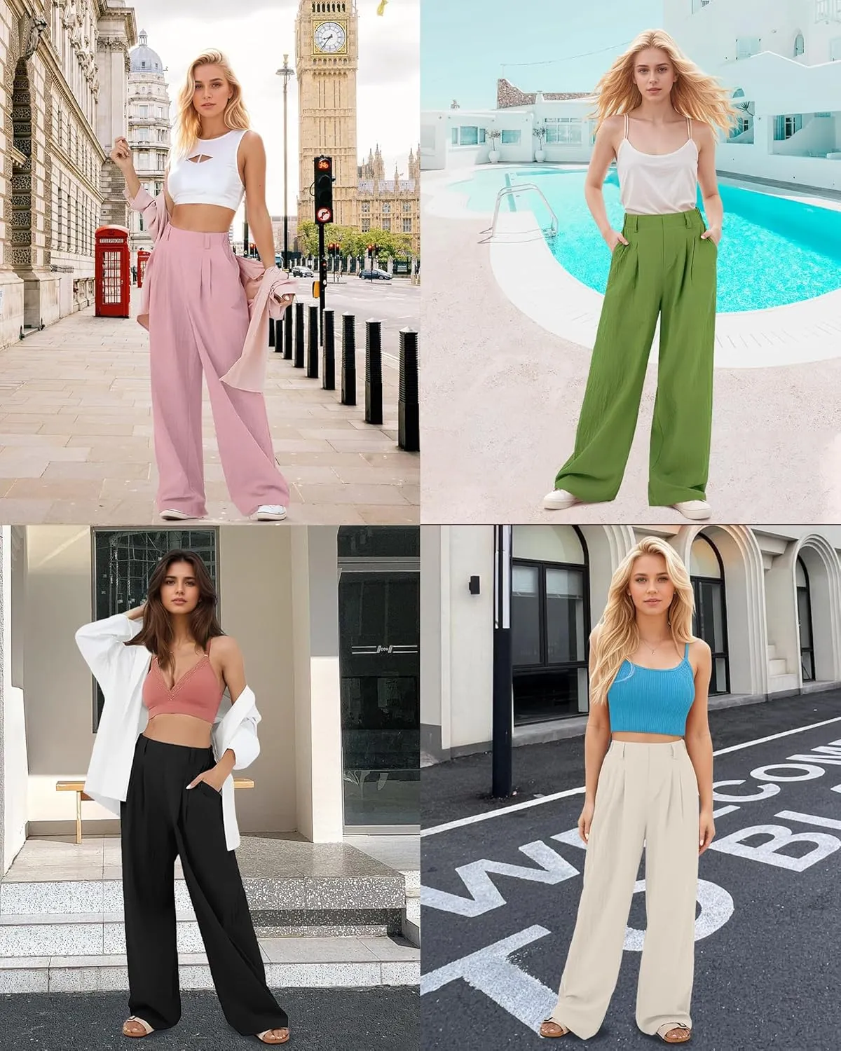 High Waisted Trousers for Women Casual Solid Color Wide Leg Pants, 2 Pockets Front Pleated Elastic Back Waistband