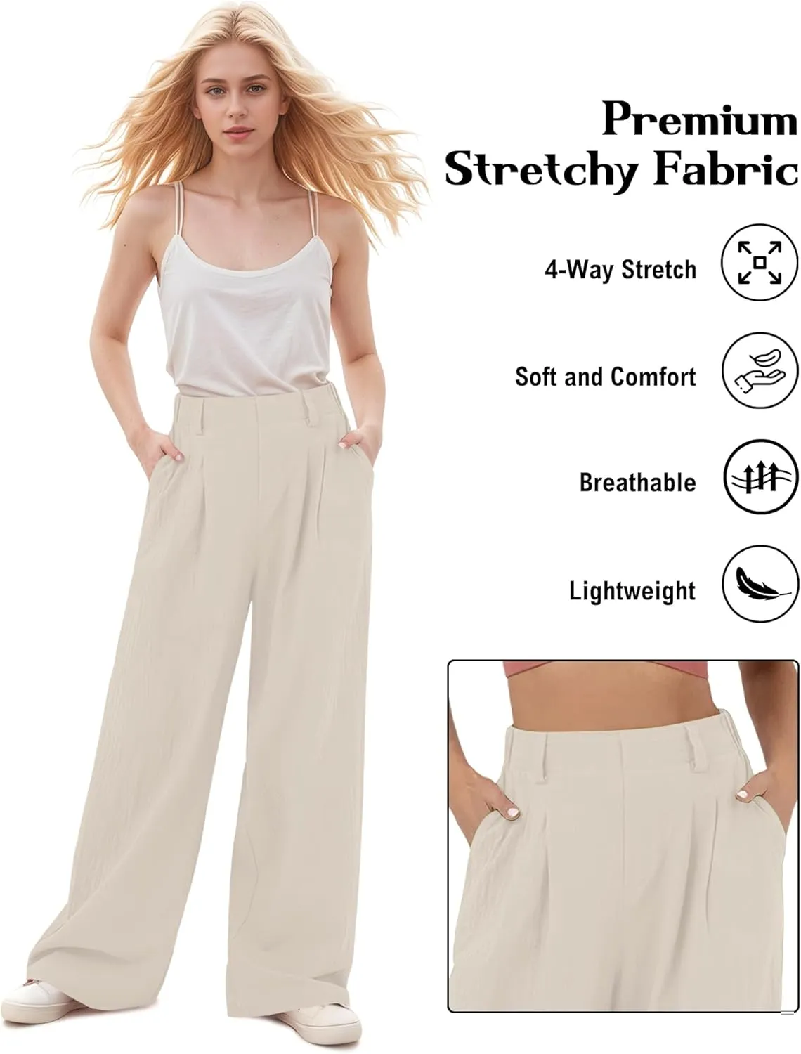 High Waisted Trousers for Women Casual Solid Color Wide Leg Pants, 2 Pockets Front Pleated Elastic Back Waistband