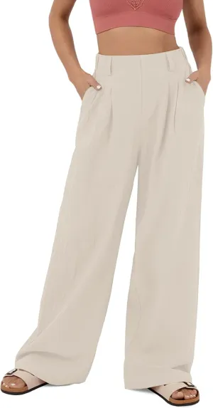 High Waisted Trousers for Women Casual Solid Color Wide Leg Pants, 2 Pockets Front Pleated Elastic Back Waistband