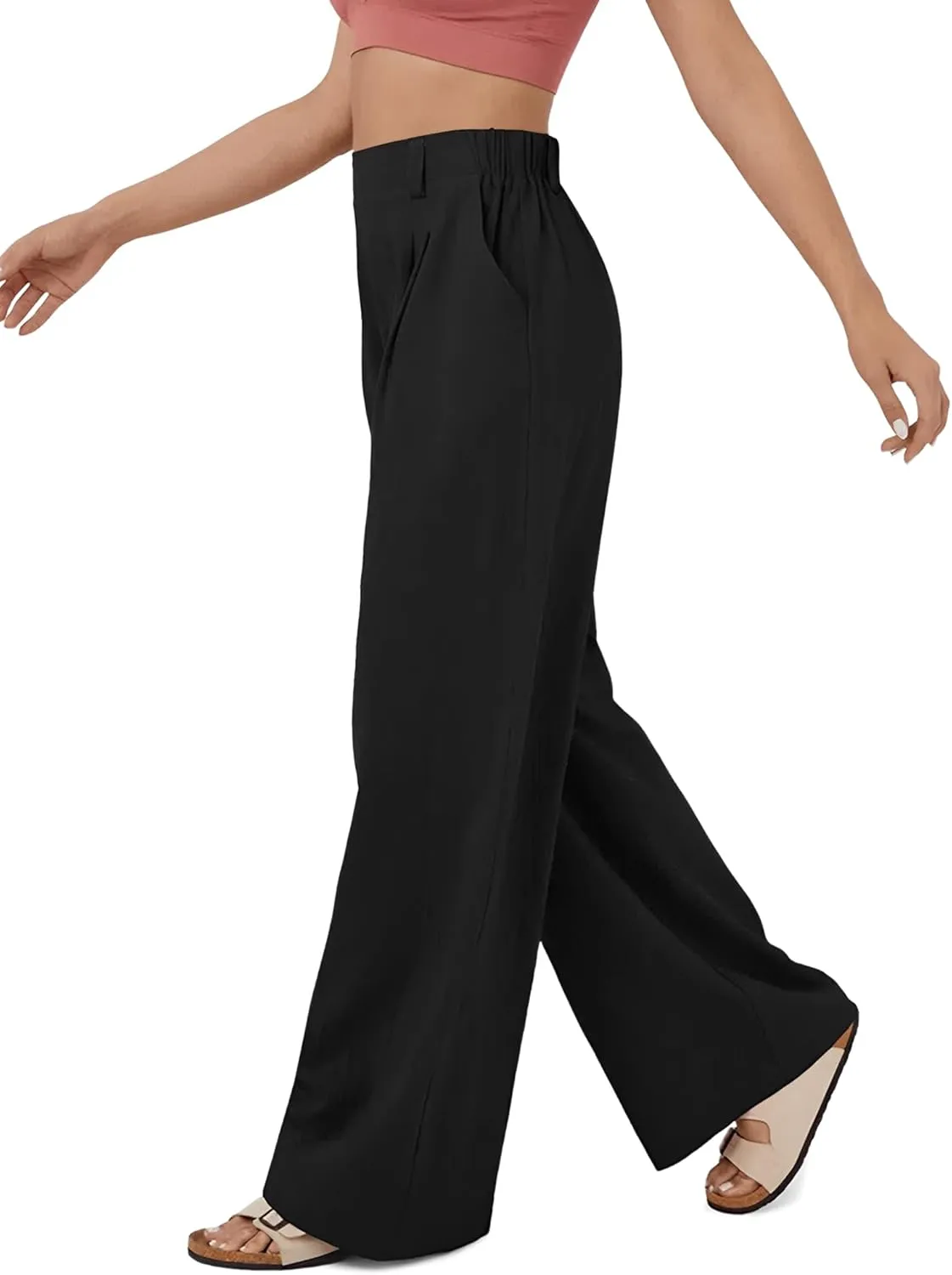 High Waisted Trousers for Women Casual Solid Color Wide Leg Pants, 2 Pockets Front Pleated Elastic Back Waistband