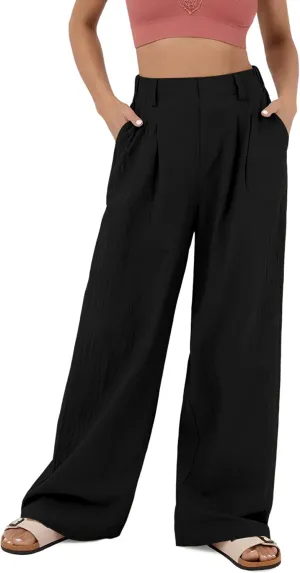 High Waisted Trousers for Women Casual Solid Color Wide Leg Pants, 2 Pockets Front Pleated Elastic Back Waistband
