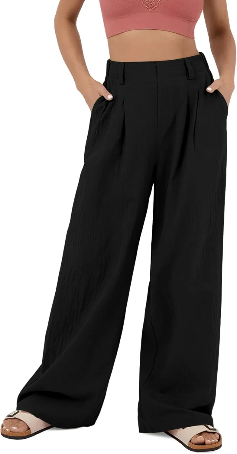 High Waisted Trousers for Women Casual Solid Color Wide Leg Pants, 2 Pockets Front Pleated Elastic Back Waistband