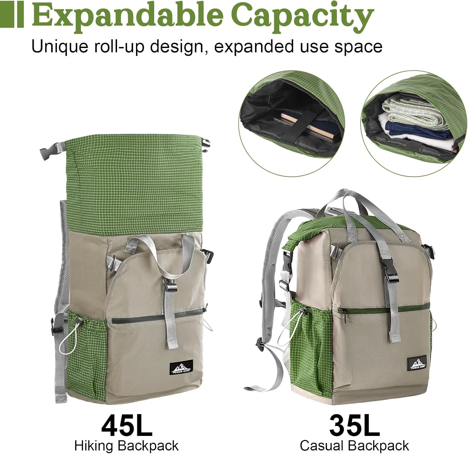 Hiking Backpack 35L, Lightweight Portable Backpacks,Water-resistant UHMWPE Casual Daypack Backpacks For Man Woman,Foldable Camping Backpack Fit For Hiking Camping Travel (Green)