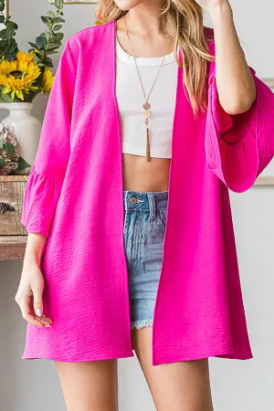 HM-EJ6101-19-HTPK - 3/4 SLEEVE RUFFLED SOLID OPEN CARDIGAN- HOT PINK 2-2-2