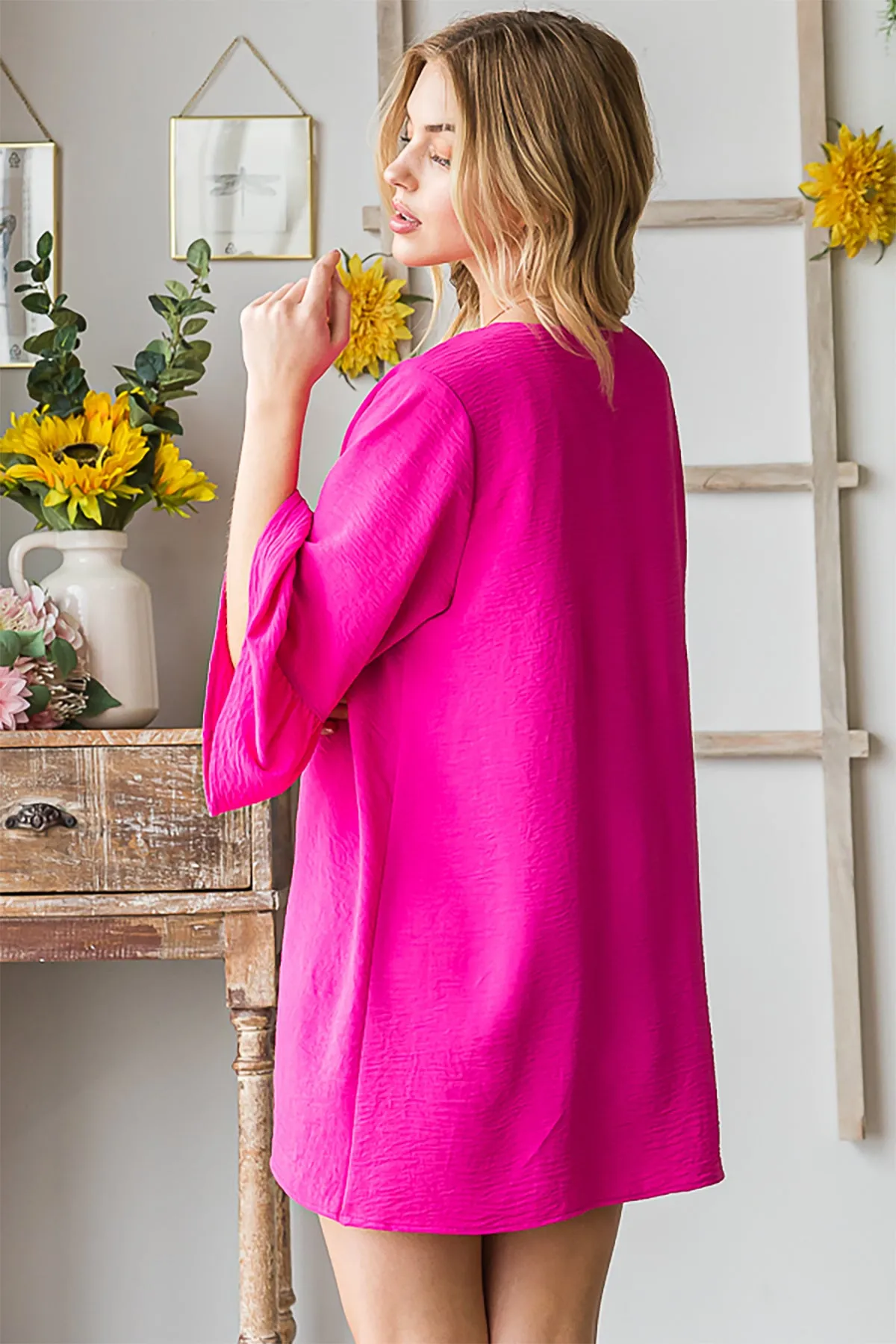 HM-EJ6101-19-HTPK - 3/4 SLEEVE RUFFLED SOLID OPEN CARDIGAN- HOT PINK 2-2-2