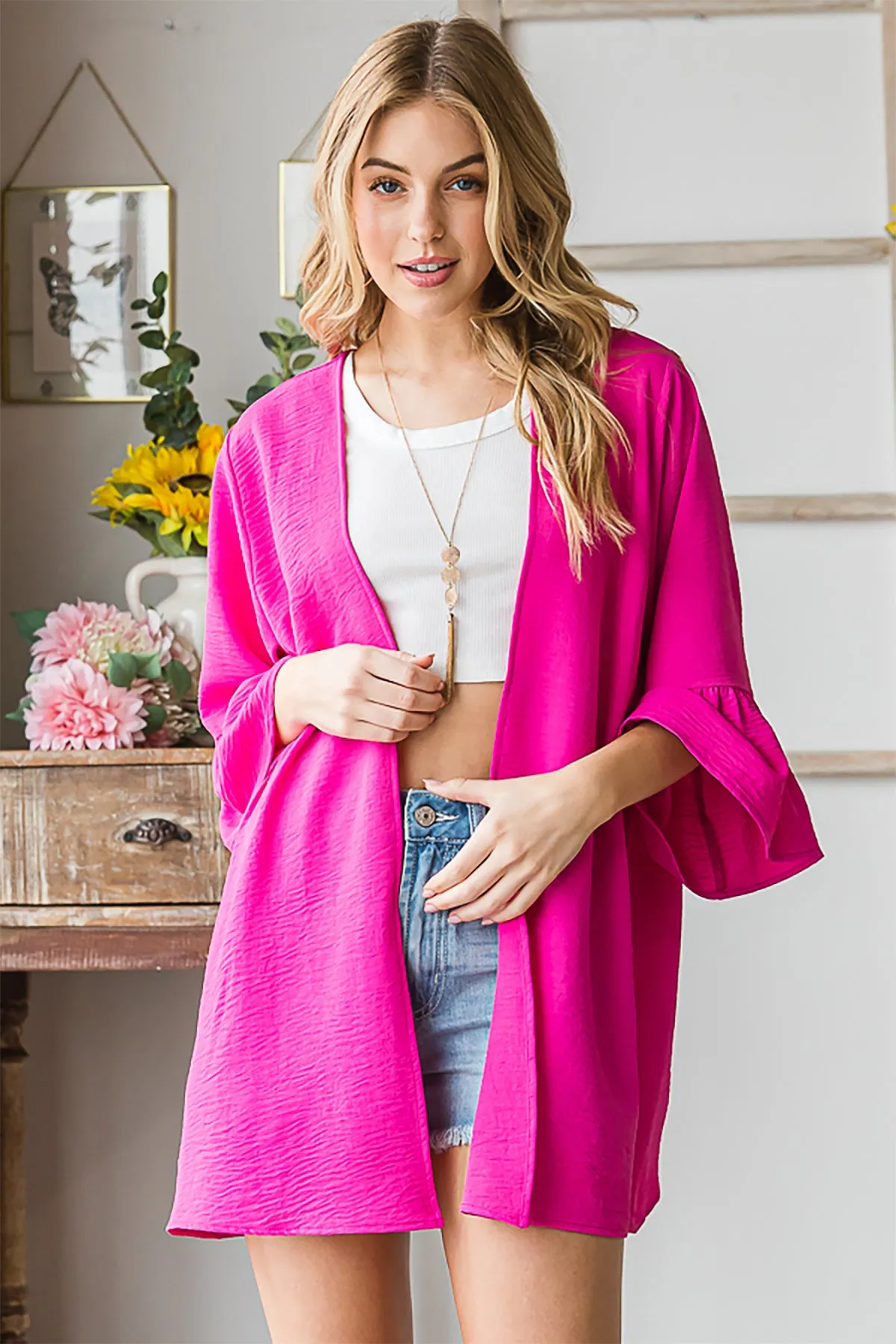 HM-EJ6101-19-HTPK - 3/4 SLEEVE RUFFLED SOLID OPEN CARDIGAN- HOT PINK 2-2-2