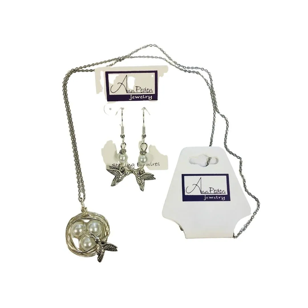 Hummingbird Nest Pendant & Earring Set - with 3 glass pearl eggs on a 24 inch stainless steel link chain