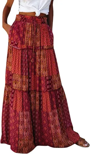 JJHAEVDY Womens Summer Boho Flowy Swing Tiered A-Line Midi Skirt 2025 Fashion Trendy Elastic Waist Pleated Long Beach Dress