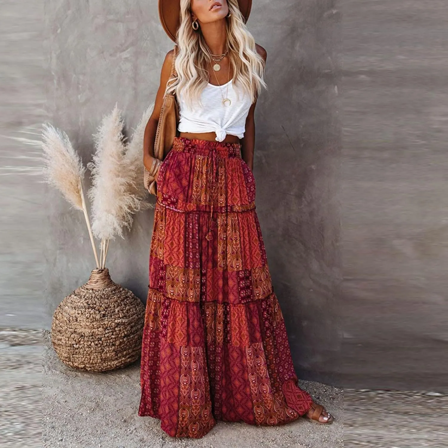 JJHAEVDY Womens Summer Boho Flowy Swing Tiered A-Line Midi Skirt 2025 Fashion Trendy Elastic Waist Pleated Long Beach Dress