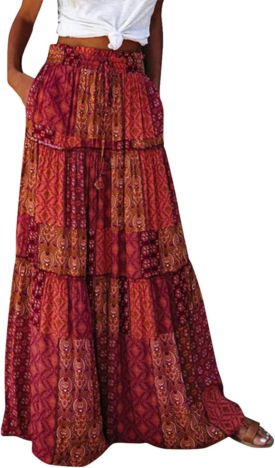 JJHAEVDY Womens Summer Boho Flowy Swing Tiered A-Line Midi Skirt 2025 Fashion Trendy Elastic Waist Pleated Long Beach Dress