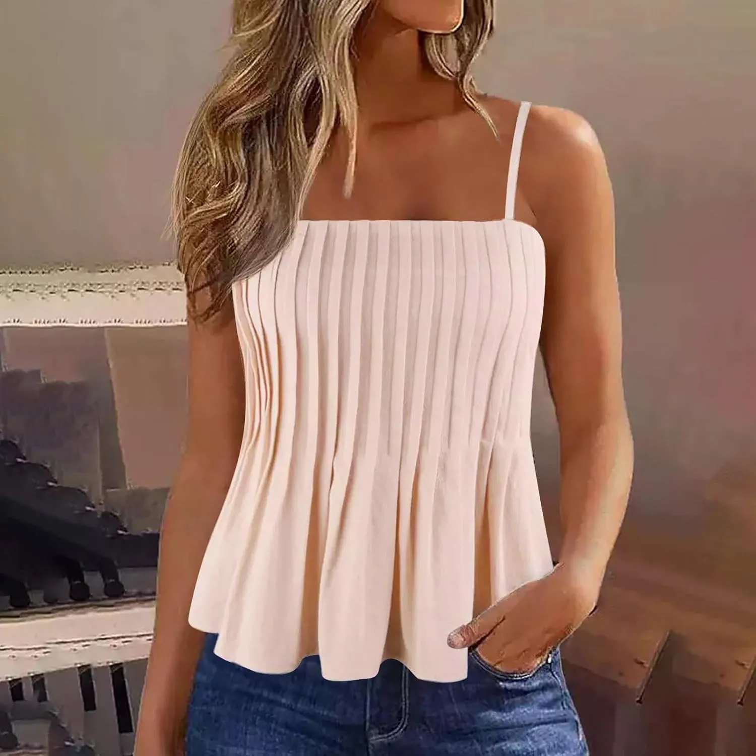 jsaierl Women's Boho Vacation Beach Camisole Tops Fashion Pleated Sleeveless T Shirt Summer Flowy Spaghetti Strap Tank Top