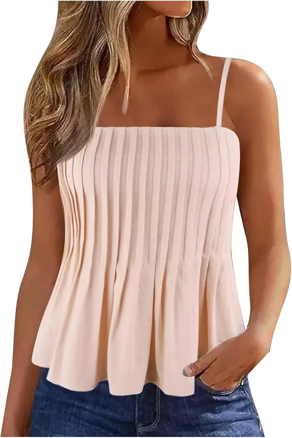 jsaierl Women's Boho Vacation Beach Camisole Tops Fashion Pleated Sleeveless T Shirt Summer Flowy Spaghetti Strap Tank Top