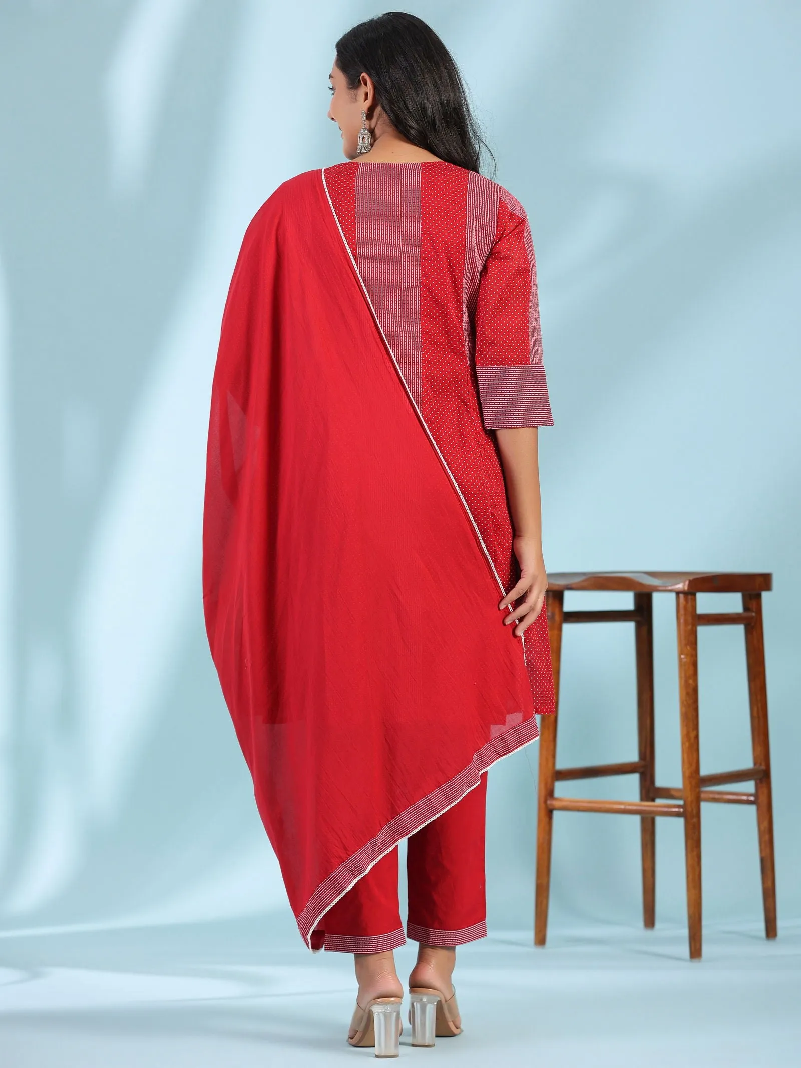 Juniper  Red Ethnic Motif Printed Cotton Voile Kurta With Pant&Dupatta With Pintucks At Front & Beadwork
