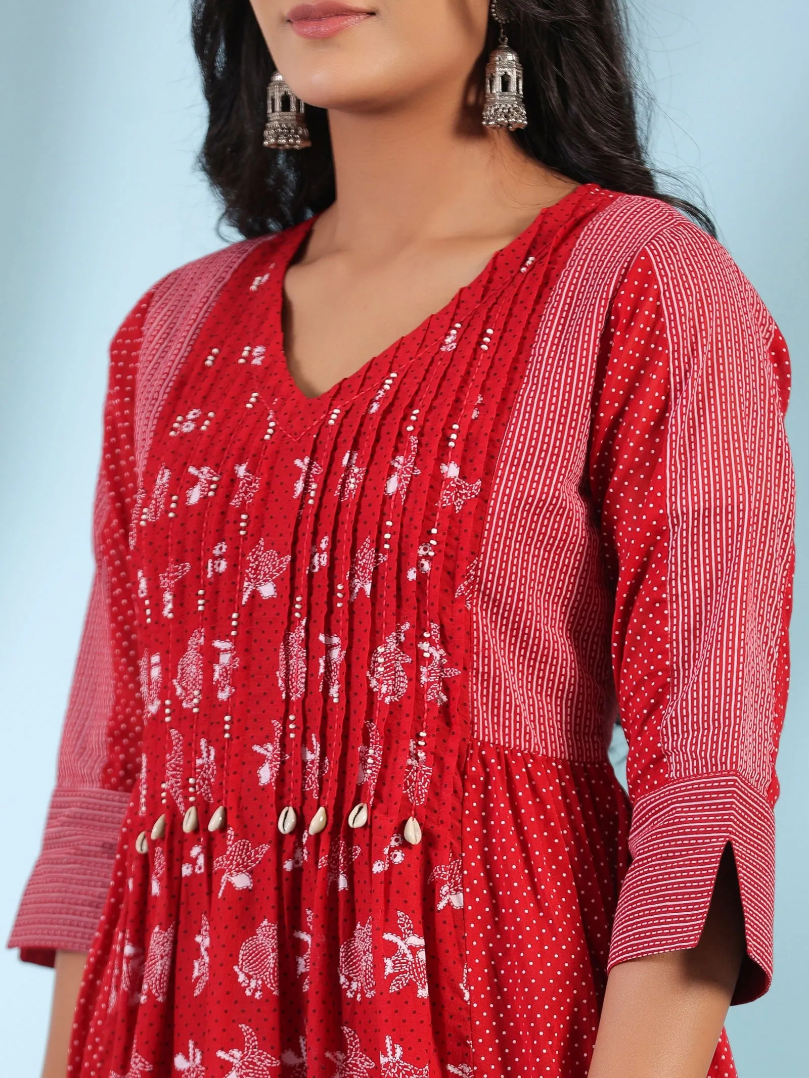 Juniper  Red Ethnic Motif Printed Cotton Voile Kurta With Pant&Dupatta With Pintucks At Front & Beadwork