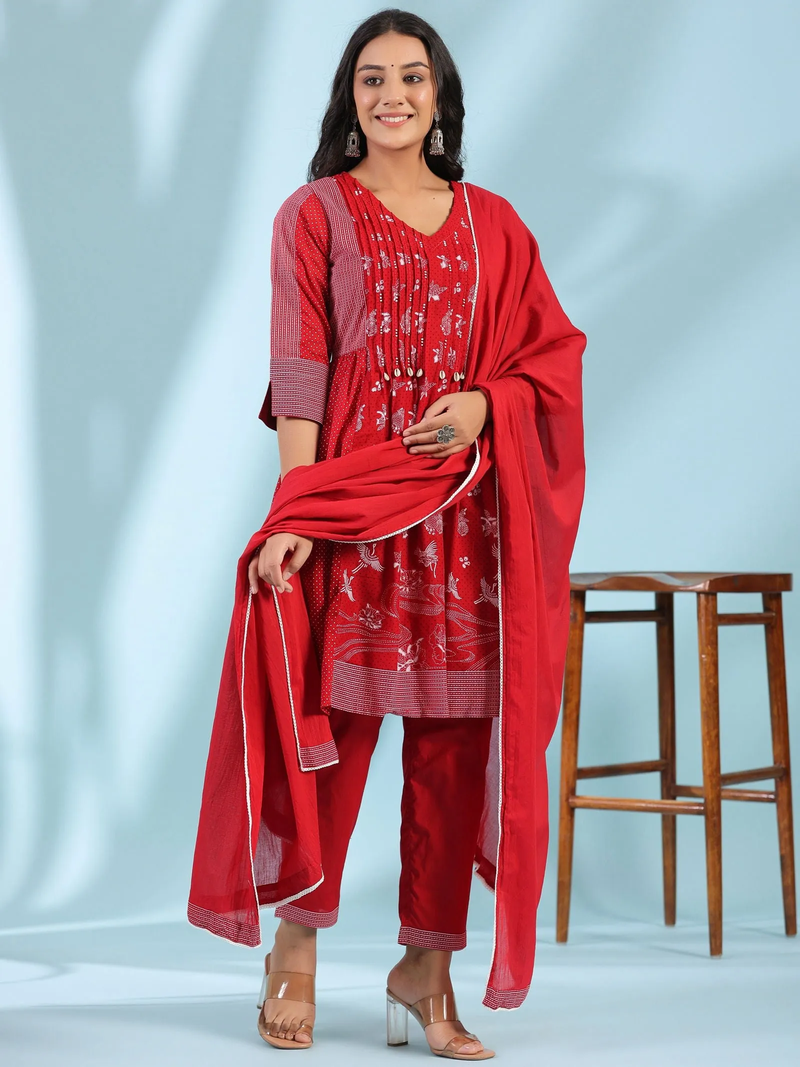 Juniper  Red Ethnic Motif Printed Cotton Voile Kurta With Pant&Dupatta With Pintucks At Front & Beadwork