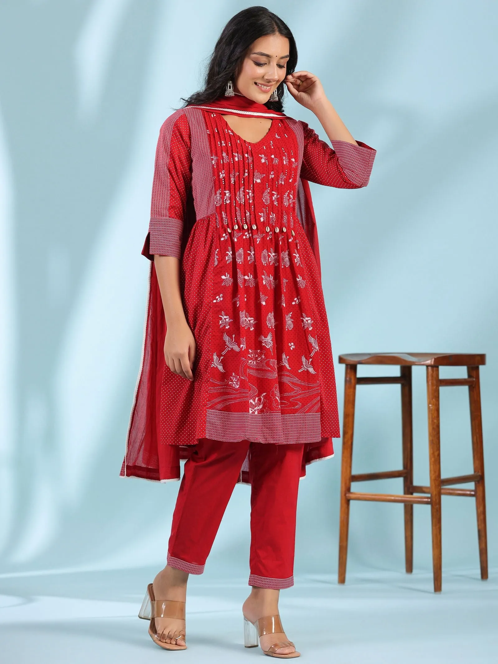 Juniper  Red Ethnic Motif Printed Cotton Voile Kurta With Pant&Dupatta With Pintucks At Front & Beadwork