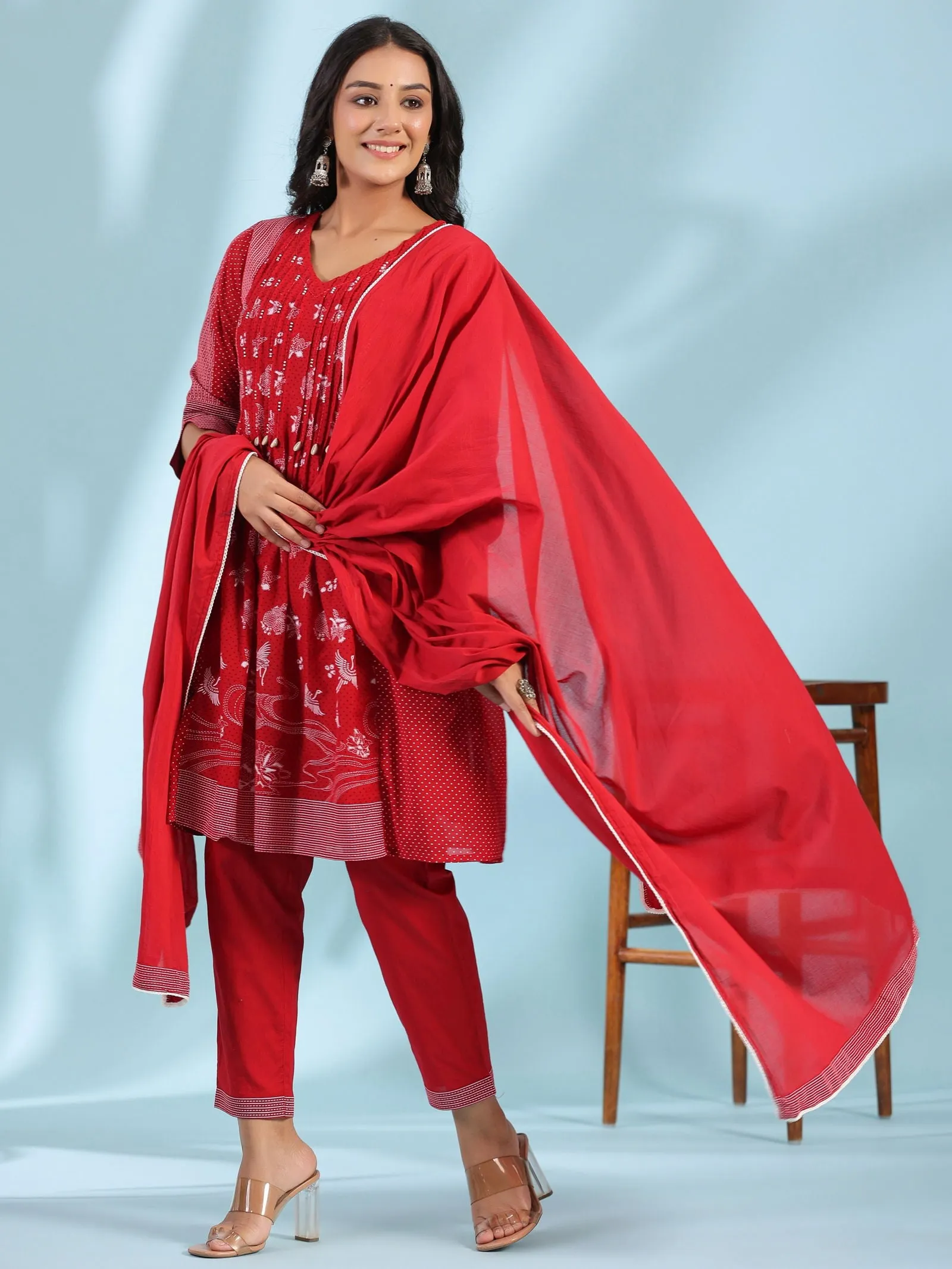 Juniper  Red Ethnic Motif Printed Cotton Voile Kurta With Pant&Dupatta With Pintucks At Front & Beadwork