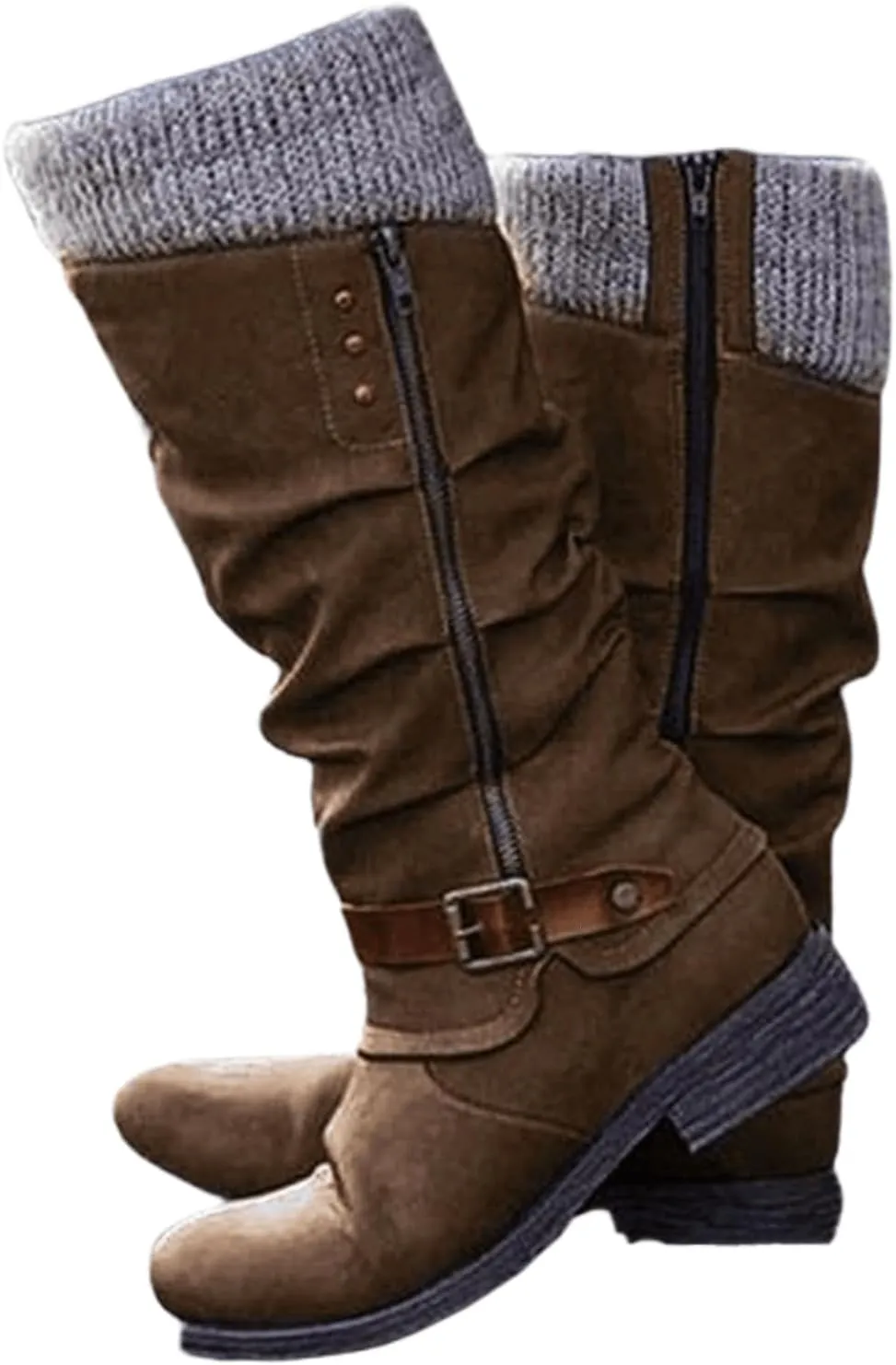 Ladmiple Cowboy Boots For Women Wide Calf Knee High Seam Mid Heel Block Heel Cowgirl Boots Slip-On with Side Zipper