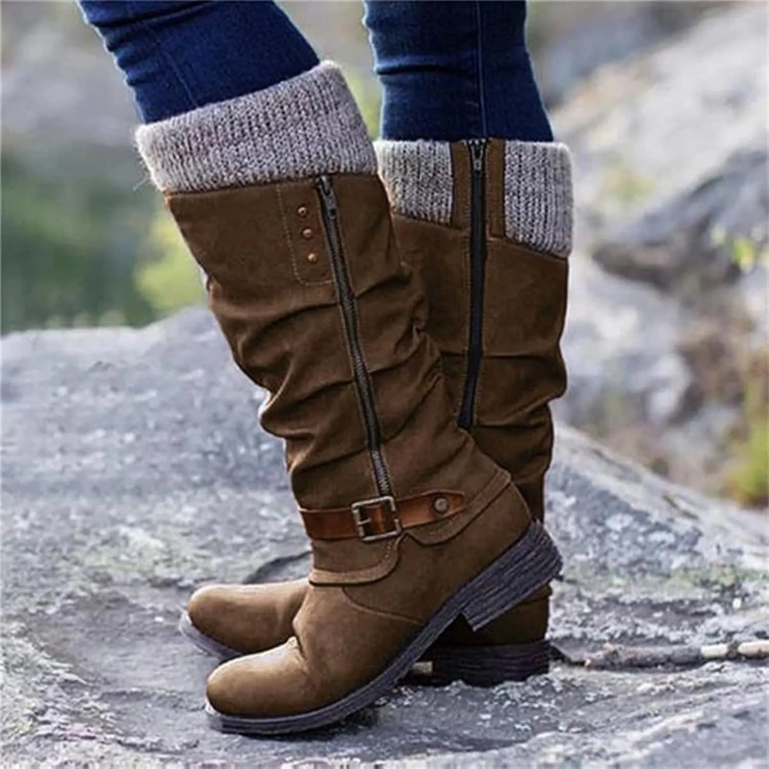 Ladmiple Cowboy Boots For Women Wide Calf Knee High Seam Mid Heel Block Heel Cowgirl Boots Slip-On with Side Zipper