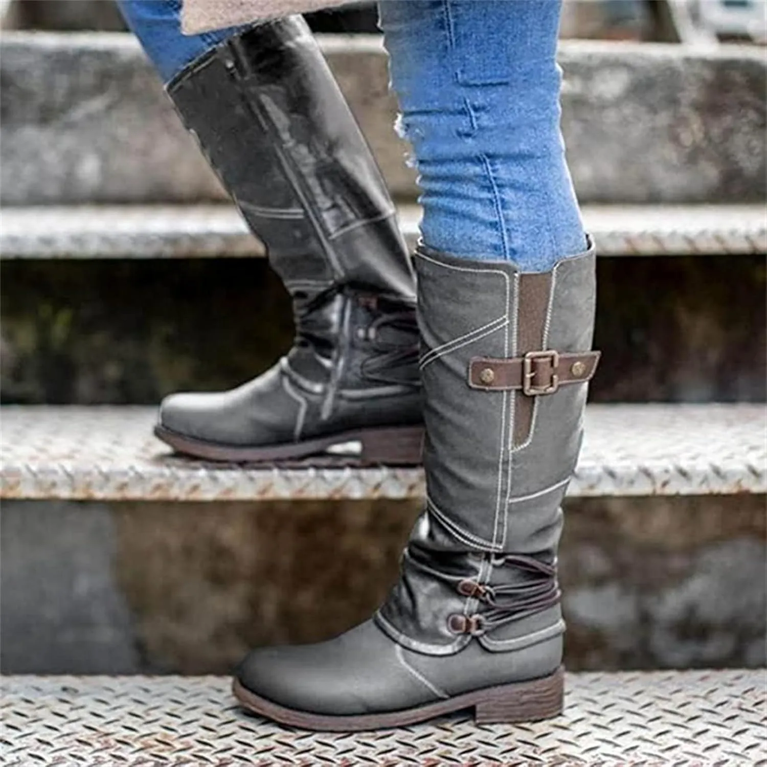 Ladmiple Cowgirl Boots Women Wide Calf Knee High Western Boots Pointed Toe Chunky Heel Stitching Pull On Cowboy Boots