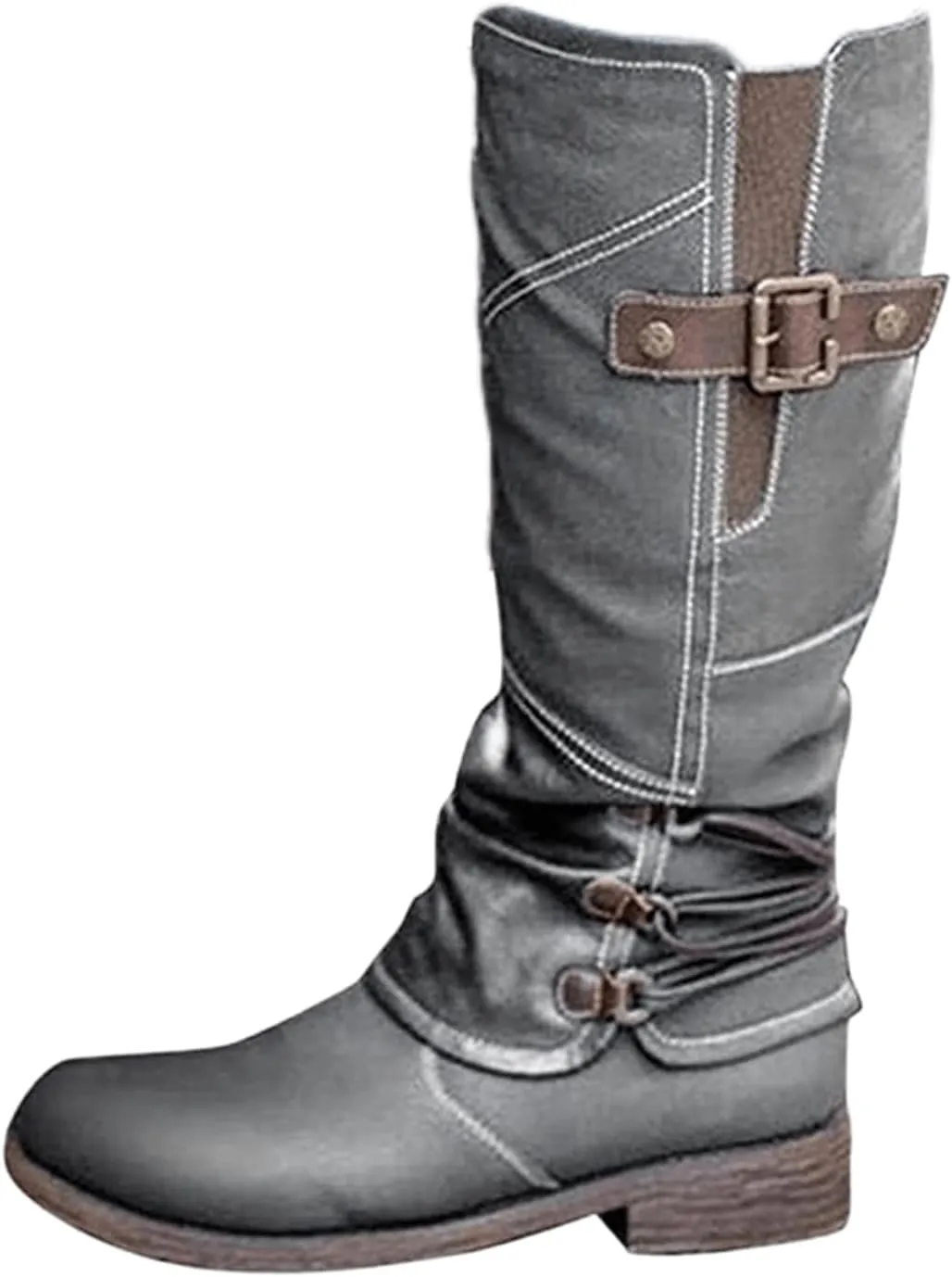 Ladmiple Cowgirl Boots Women Wide Calf Knee High Western Boots Pointed Toe Chunky Heel Stitching Pull On Cowboy Boots