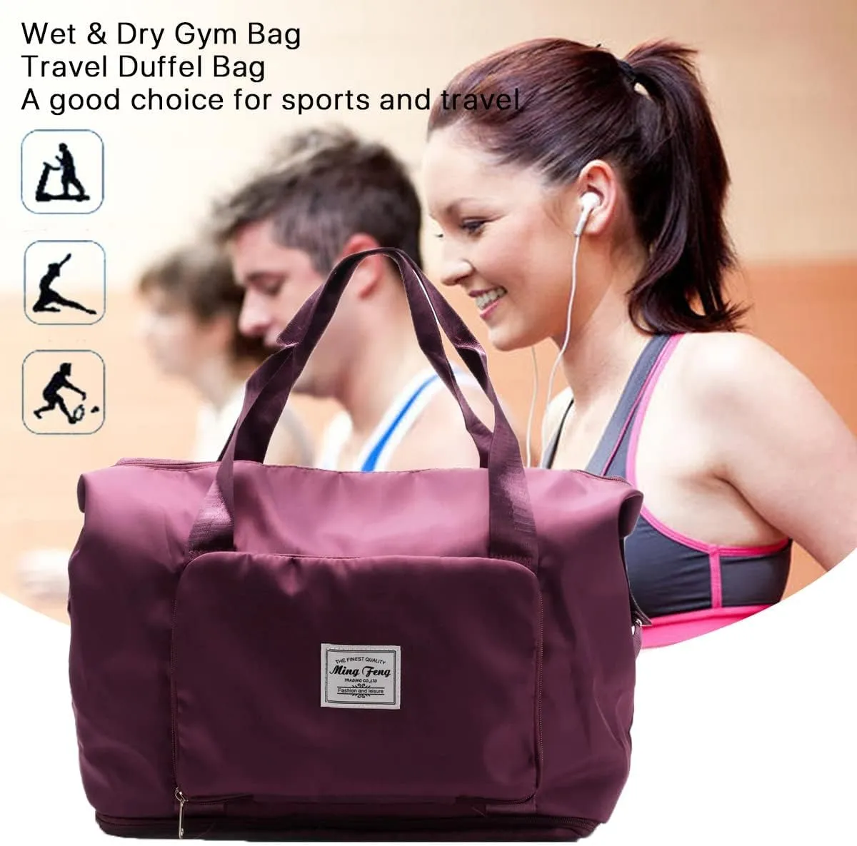 Large Capacity Foldable Travel Bag, Portable Expandable Travel Duffel Bag, Waterproof Dry and Wet Separation Oxford Fabric Tote Bag for Women Men, Perfect for Travel, Gym, Vacation (Fuchsia)