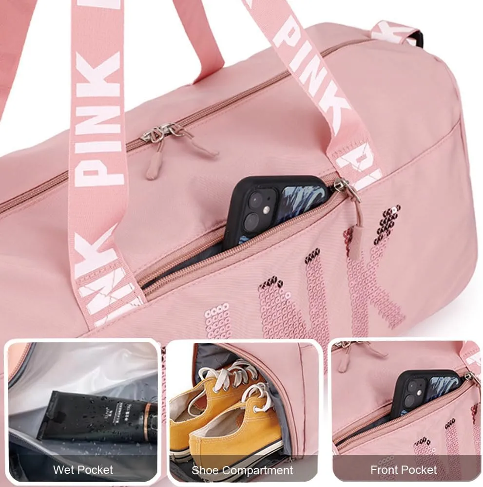 Large Duffle Bag For Women, Sports Duffel Bag for Gym with Wet Pocket & Shoe Compartment, Overnight Weekender Travel Bag (Grey)