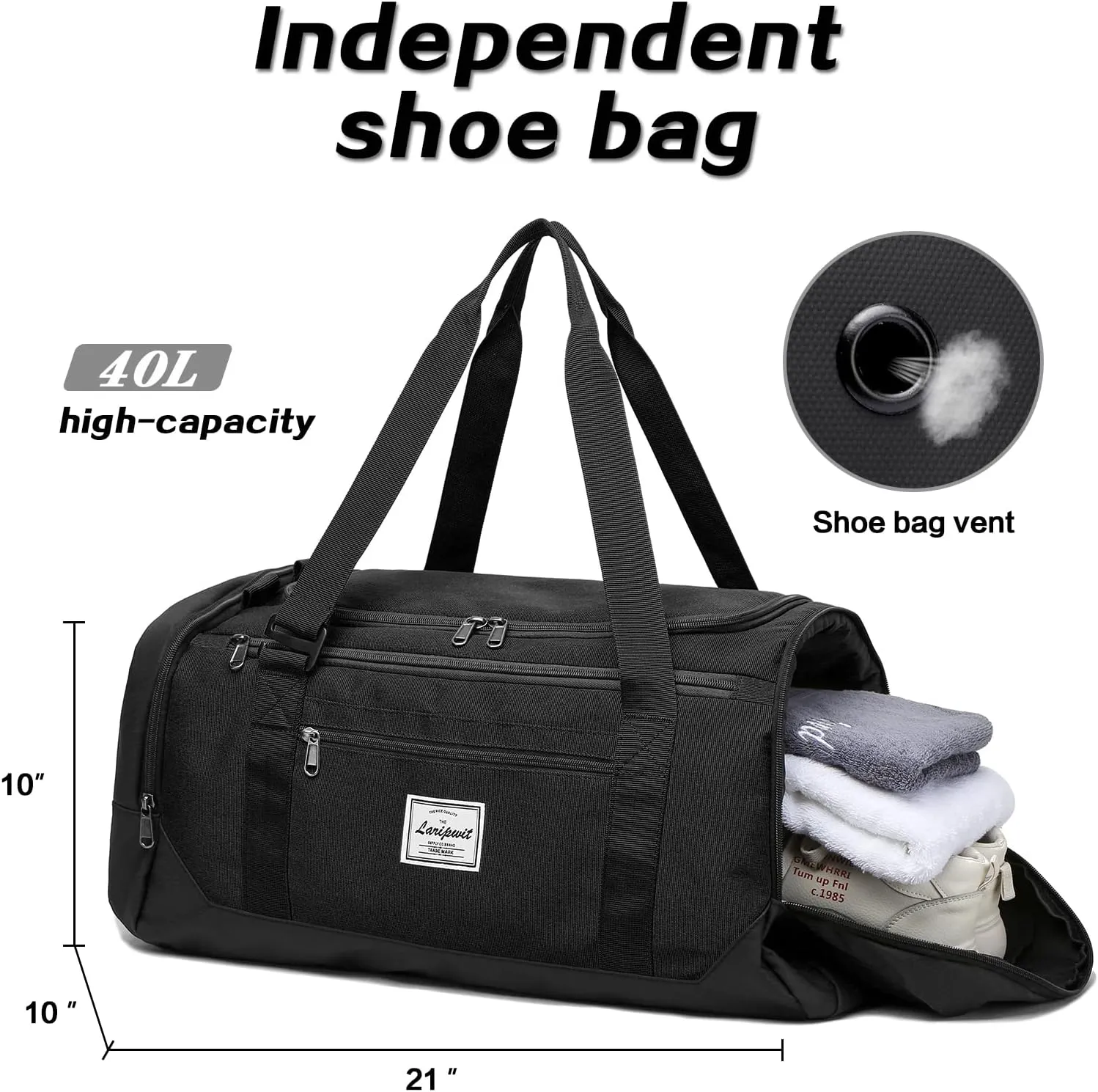 Laripwit Travel Duffle Bag for men 40L Medium Sports Gym Bag with Wet Pocket & Shoes Compartment Weekender Overnight Backpack for Traveling Duffel Bag Backpack for Women, Black