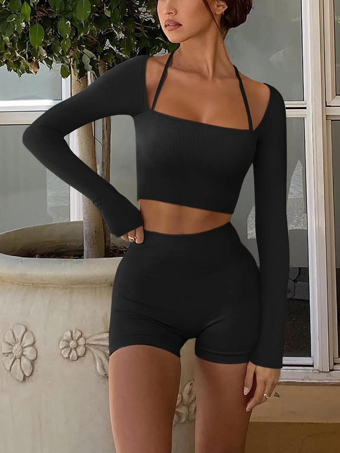 LASLULU Womens Sexy Square Neck Crop Top Ribbed Seamless Long Sleeve Workout Tops Halter Neck Athletic Yoga