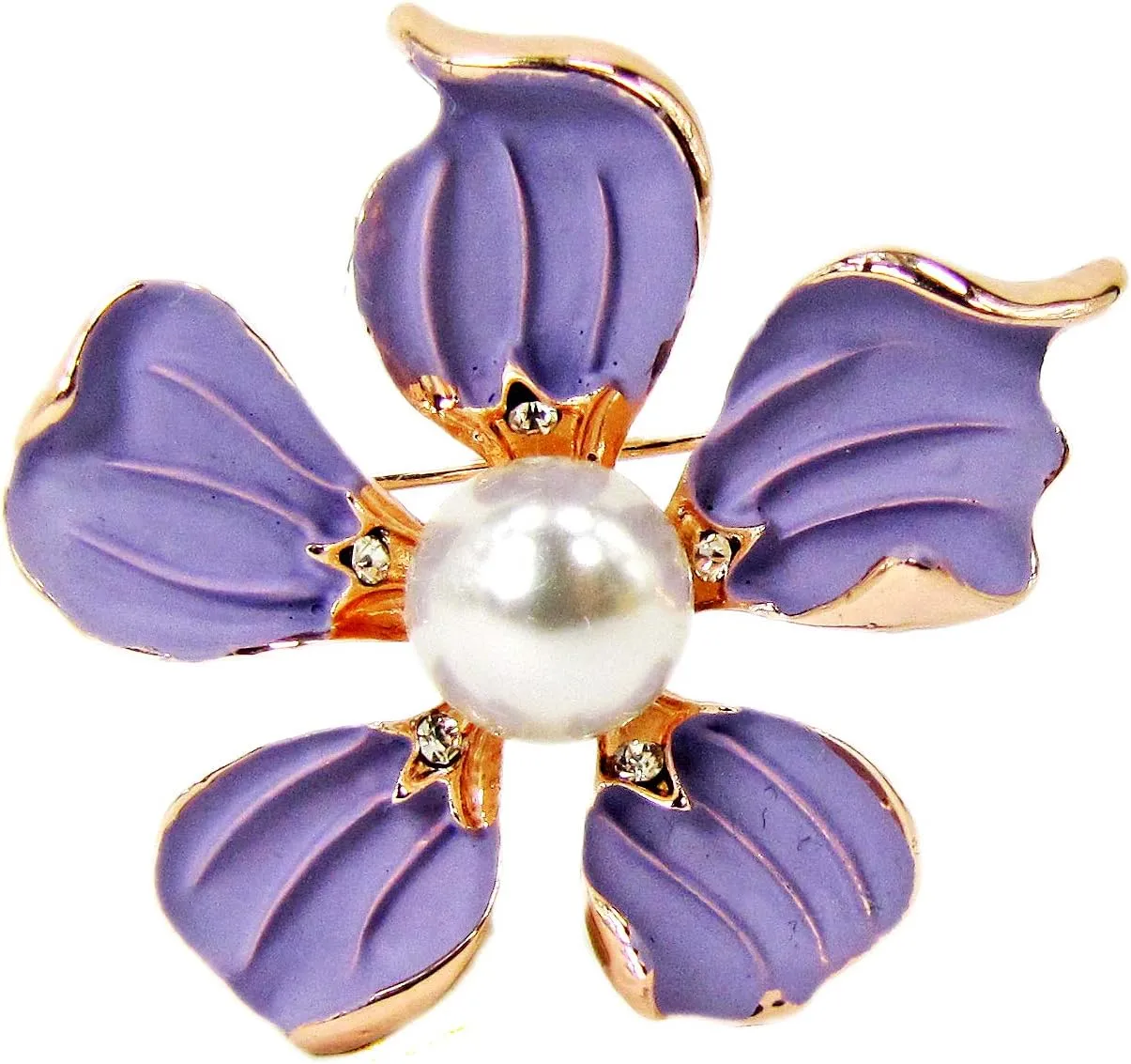 Lavender Purple Enamel and Pearl Flower Brooch Pin with Crystals and Gold Trim