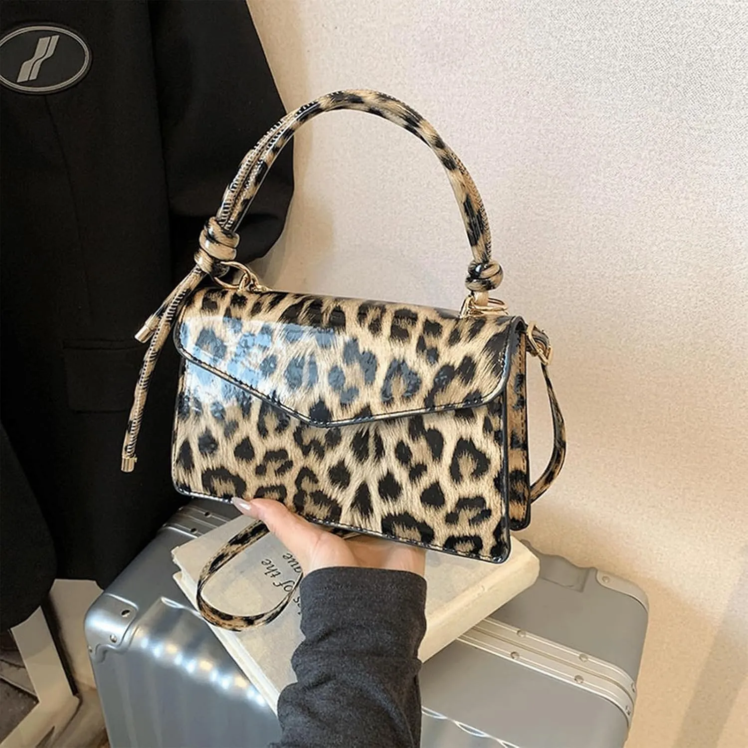 Leopard Purse Cheetah Print Mini Glossy Bag Elegant Knot Crossbody Purse for Girls Prom Wedding Evening Bag