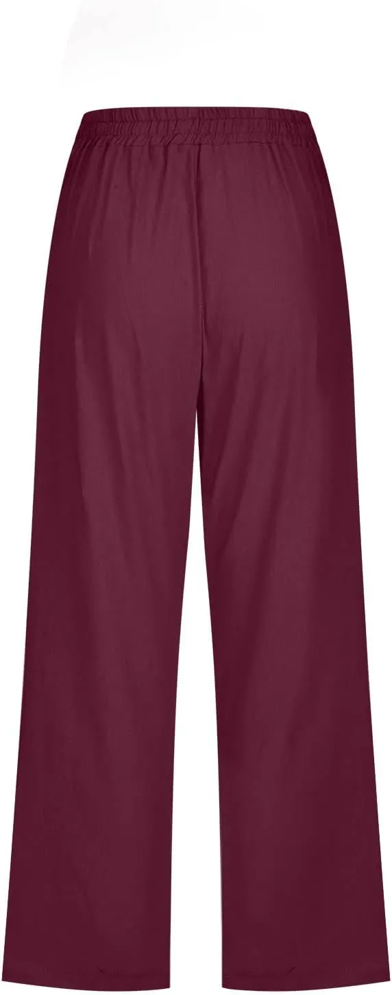 LFEOOST Capri Pants for Women Plus Size Casual Summer Linen Pants Drawstring High Waist Straight Wide Leg Trousers Pockets