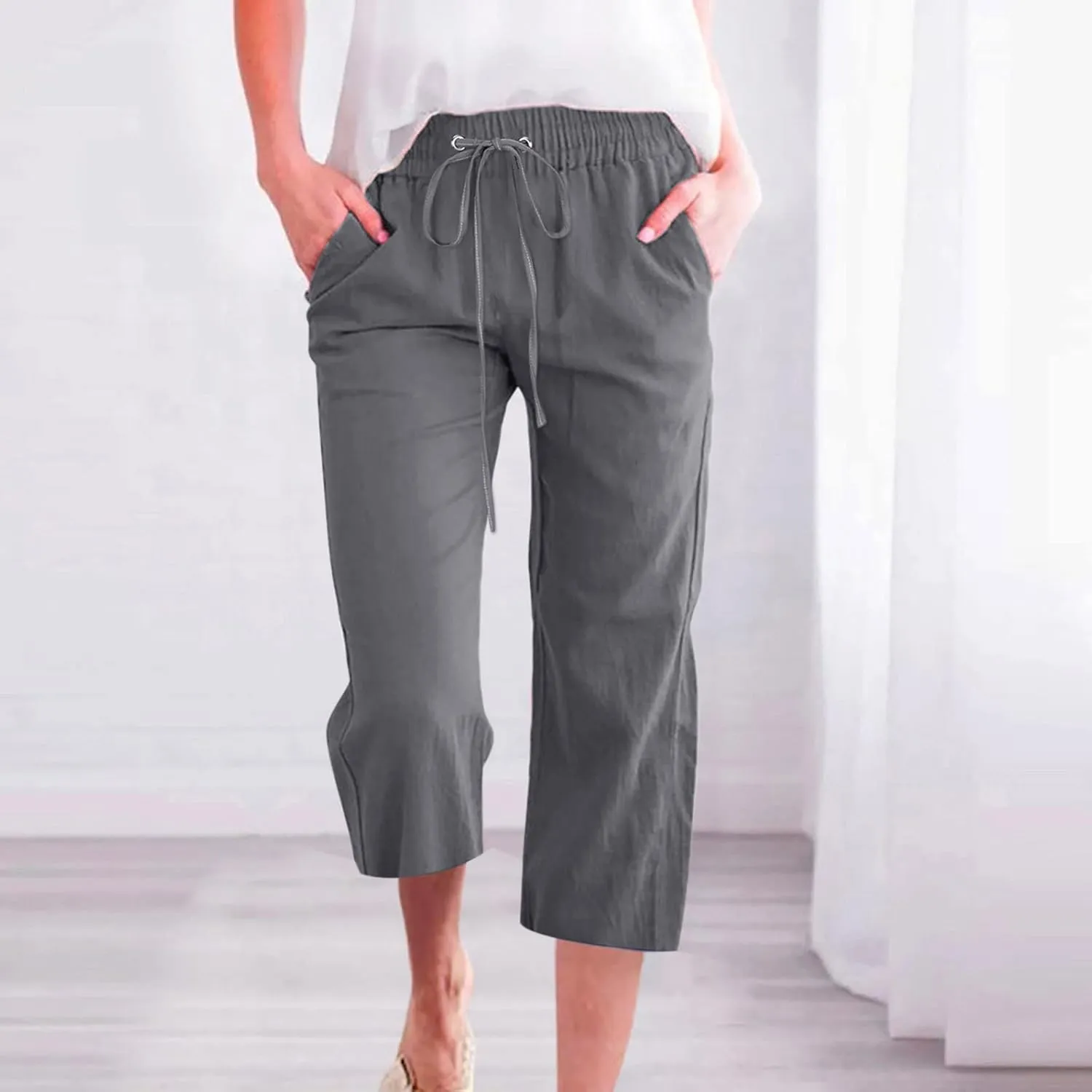 LFEOOST Capri Pants for Women Plus Size Casual Summer Linen Pants Drawstring High Waist Straight Wide Leg Trousers Pockets