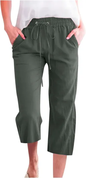 LFEOOST Capri Pants for Women Plus Size Casual Summer Linen Pants Drawstring High Waist Straight Wide Leg Trousers Pockets