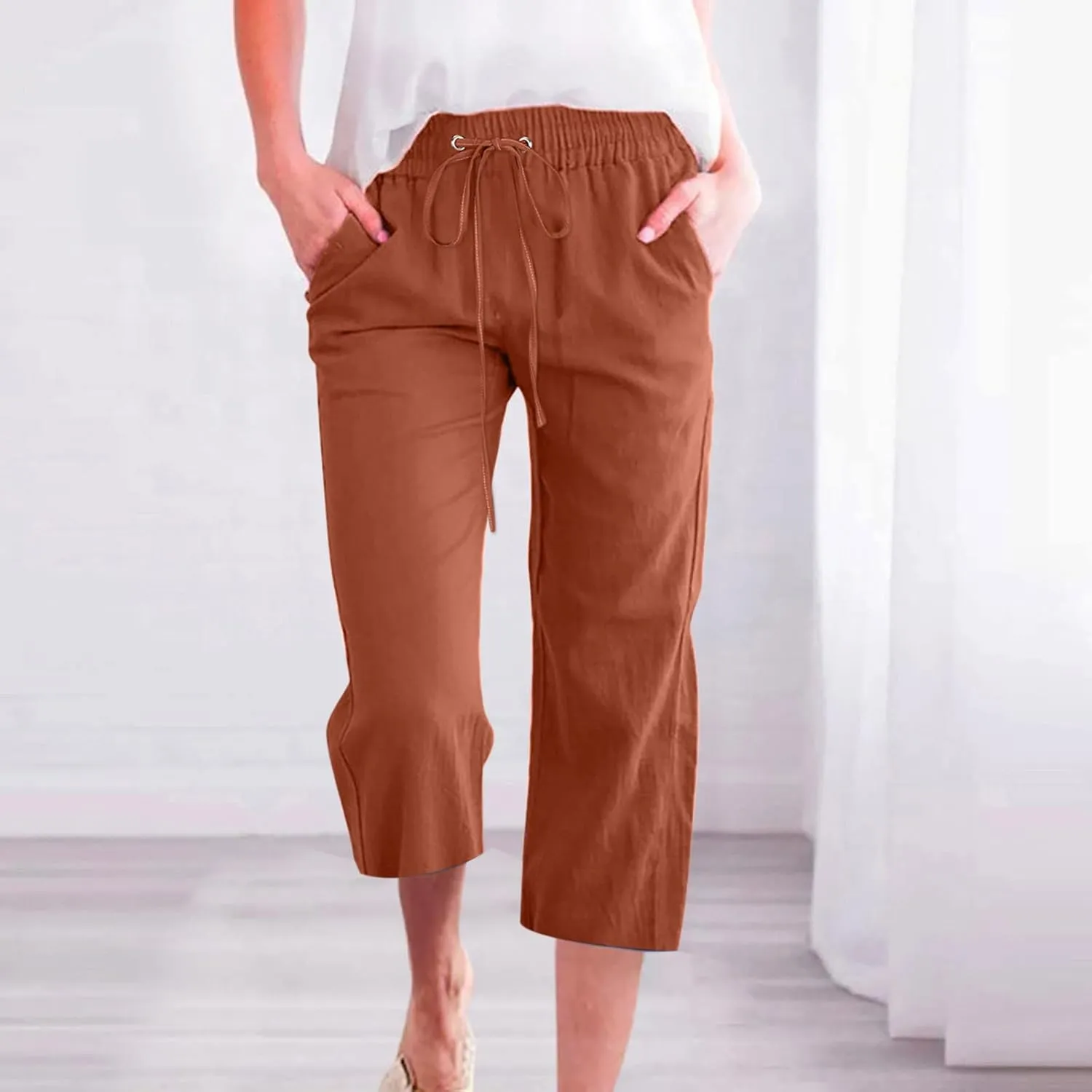 LFEOOST Capri Pants for Women Plus Size Casual Summer Linen Pants Drawstring High Waist Straight Wide Leg Trousers Pockets