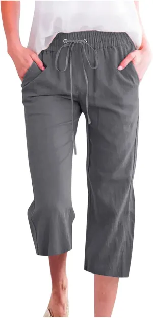 LFEOOST Capri Pants for Women Plus Size Casual Summer Linen Pants Drawstring High Waist Straight Wide Leg Trousers Pockets