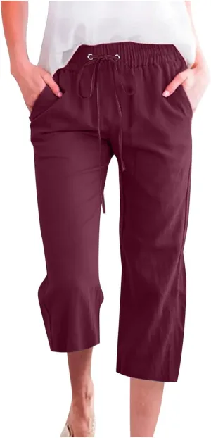 LFEOOST Capri Pants for Women Plus Size Casual Summer Linen Pants Drawstring High Waist Straight Wide Leg Trousers Pockets